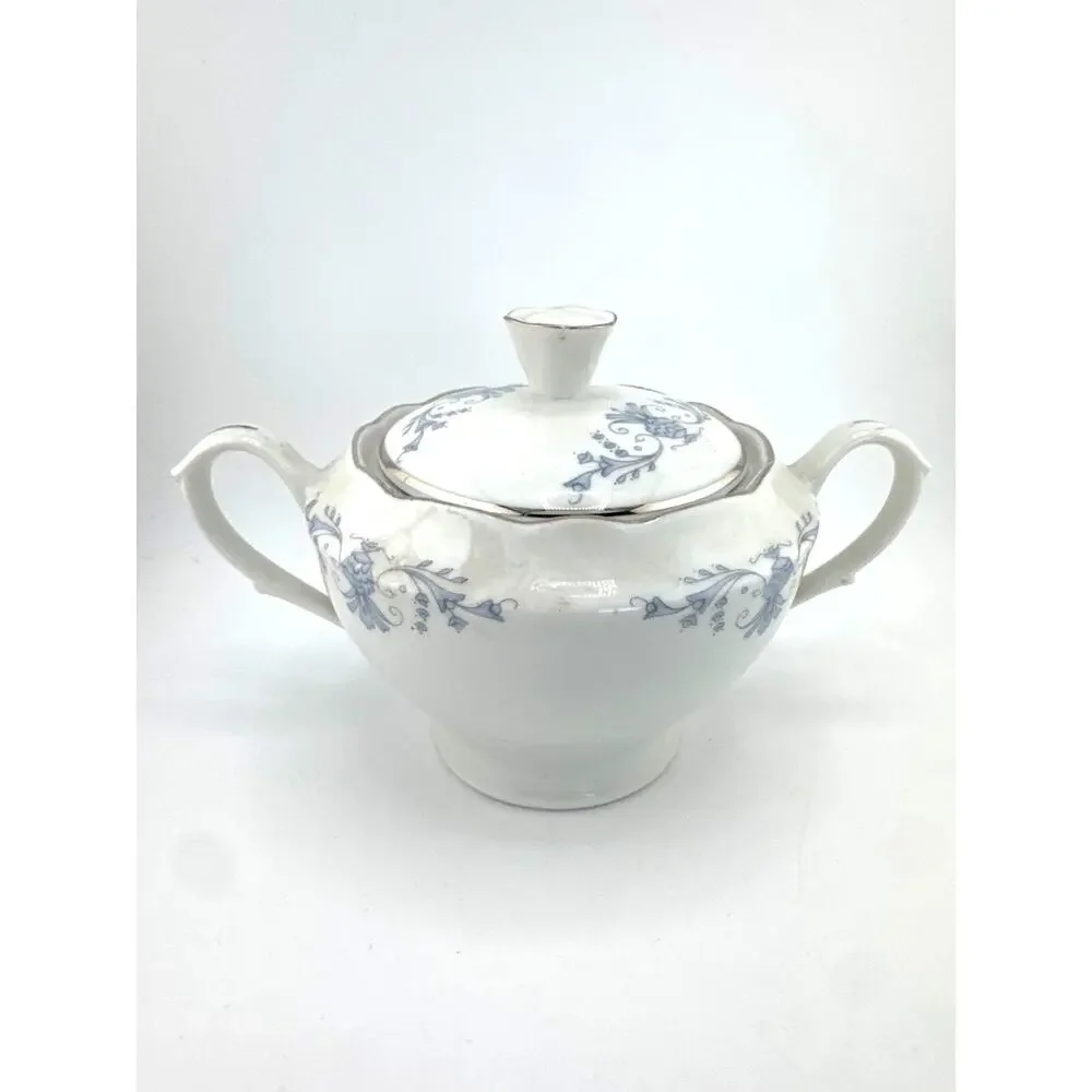 Vintage Smielow Poland‎ Porcelain Sugar Bowl Lid Blue Floral Silver Trim